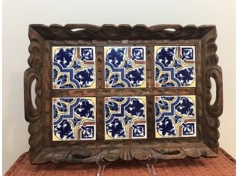 Large Mexican Tile Tray With Carved Wood Frame - Handmade Tiles 19'L X 13'W