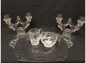 A Bit Of Elegance 1920s Cambridge Keyhole Candleholders, Handled Serving Tray, Crystal Pitcher And Sugar Bowl