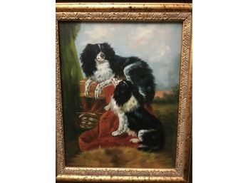 King Charles Spaniels By Richard Ansdell Oil On Board Giltwood Framed Painting  - Reproduction