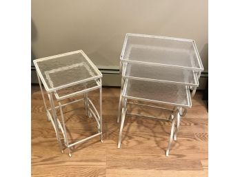 2 Sets Of Vintage Wrought Iron Nesting Tables Or Plant Stands  - 5 Total - Painted White With Glass Tops