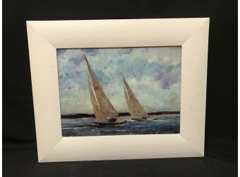 Twin Sailboats Oil On Board Painting In Rustic Wooden Frame - Unsigned 22'L X 18'H