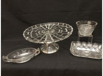 Some Old, Some New! 4 PC Lot Of Assorted Glassware For Serving - Cake Plate And Bowls