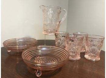 Mosser Glass Inverted Thistle Glass Pitcher, 4 Tumblers And Two Coordinating Depression Glass Footed Dishes