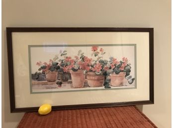 Geranium Flowers Signed Dawna Barton Watercolor Print In Double Matted Wooden Frame - Large 39.5' Long