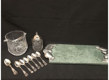 Get Set To Entertain! Marble Cheese Board & Cheese Knife, Ice Bucket,  Condiment Jar And Sheffield Spoons