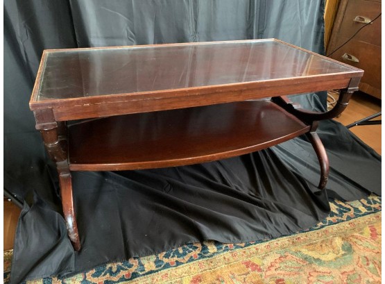 1940-1950s Red Mahogany Coffee Table With Glass And Bookshelf