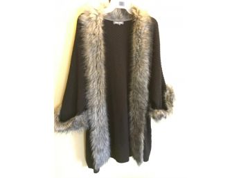 Ladies Roz & Ali Black Coat Sweater With Faux Fur Trim, Size XL