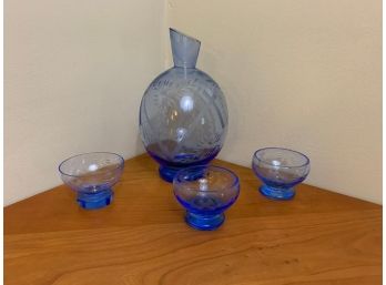 Blue Cut Glass Decanter And 3 Glasses