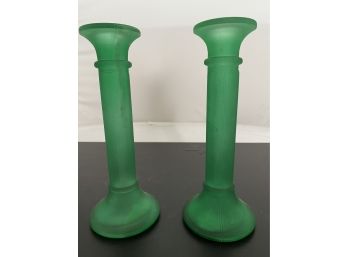 Green Art Glass Candle Sticks
