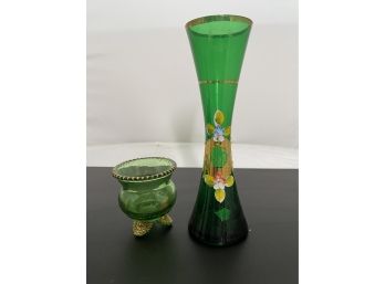 Green Enameled Glass Vase And Small Glass