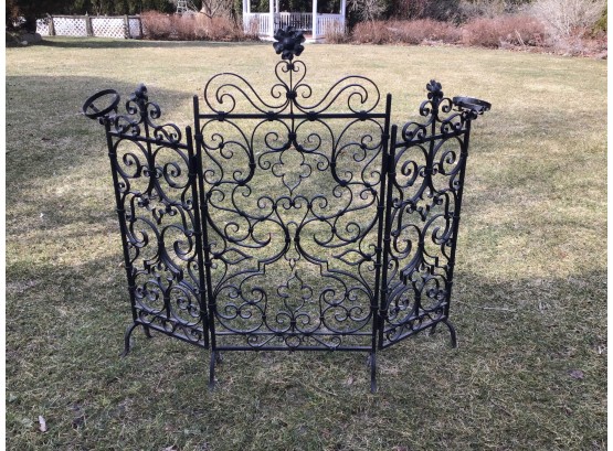 Antique Ornate Wrought Iron Fireplace Screen W Candle Holders