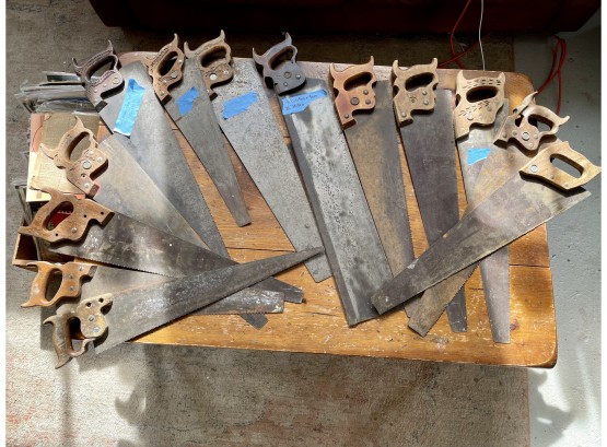Large Lot Of Antique Saws In A  Wooden Tool Box
