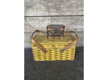 An Educator Bakers Of Crax Tin With Handles  And Small Woven Basket