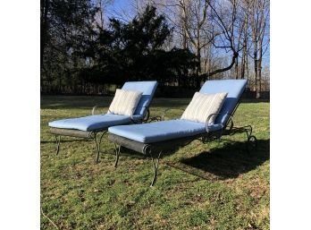 A Pair Of Vintage Woodard 'Briarwood' Wrought Iron Patio Loungers With Newer Restoration Hardware Cushions