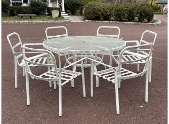 A Vintage Tubular Aluminum Glass Top Dining Table And Set Of 6 Chairs By Crown Leisure
