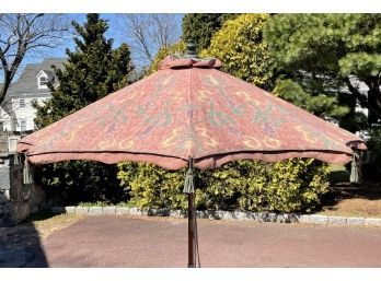 A Canvas Print Market Umbrella With Decorative Tassels - AS IS