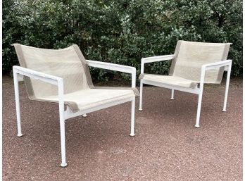A Pair Of Vintage 1960'S Leather And Mesh Patio Arm Chairs With Cast Aluminum Frames 1/2
