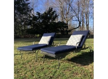 A Pair Of Vintage Woodard 'Briarwood' Wrought Iron Patio Loungers With Newer Restoration Hardware Cushions