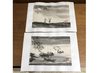 A Set Of 2 Original Signed And Dated Japanese Works - Ink On Paper - Unframed
