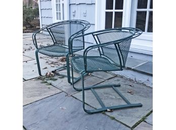 Daisy Bouquet Wrought Iron Barrel Back Cantilever Patio Chairs - A Pair - Likely Woodard
