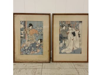 A Pair Of Antique Japanese Woodblock Prints - As Is
