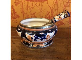 W & W Vintage Porcelain Silver Rimmed Salad Bowl In Imari Style With Servers