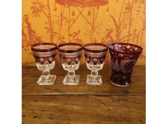 A Set Of 3  Vintage Park Lane Ruby Goblets And A Ruby Crystal Vase