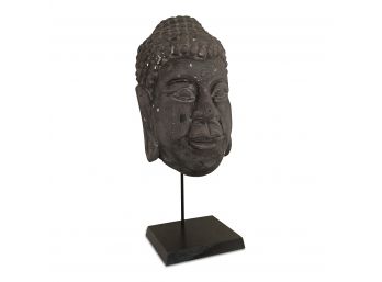 A Rustic Wood Buddha Mask Representation On Stand - 16'H