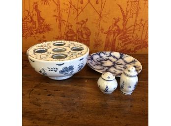 Blue And White Delft Style Potter Collection - Tulip Bowl, Plate, S&P