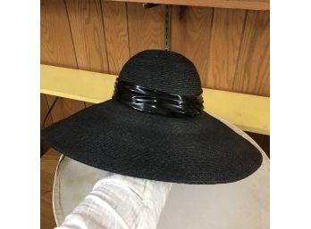 Vintage Frank Olive Straw Hat With Patent Leather Band - Bonwit Teller Hat Box