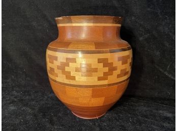 Walnut, Maple, Padauk, And Mahogany Turned Wooden Pot With Beautiful Inlay Pattern.