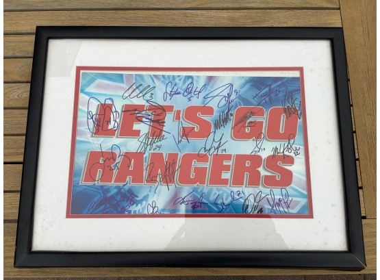 Signed Framed Lets Go NY Rangers Print With Player List On Back Frame Has Damage The Print Is In Good Shape