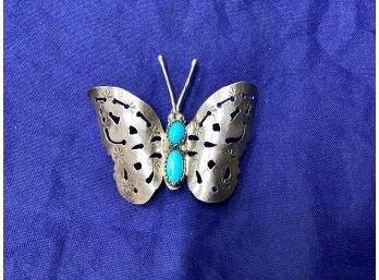 Beautiful Signed FY Native American Sterling Silver Butterfly Brooch Pin With Turquoise Stones  7.42 G