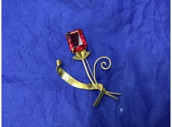Large Cox Sterling Silver Vermeil Brooch Pin With Large Red Stone  25.37 G