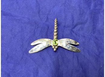 Beautiful Dragonfly Brooch Pin With A Large Peridot Stone 12.88 G Marked 925 Good Overall Condition