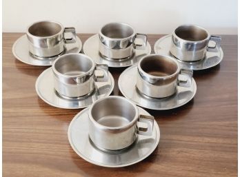 Vintage MCM Set Of Six Casalinghi Italian Design INOX Stainless Steel Espresso Demitasse Cups & Saucers