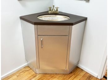 A Laminate Corner Vanity With Sink And Hardware -metalic Finish - Greek Key Design Sink