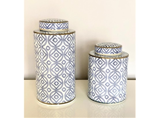 Pair Beautiful Lillian August Blue & White Ceramic Ginger Jars