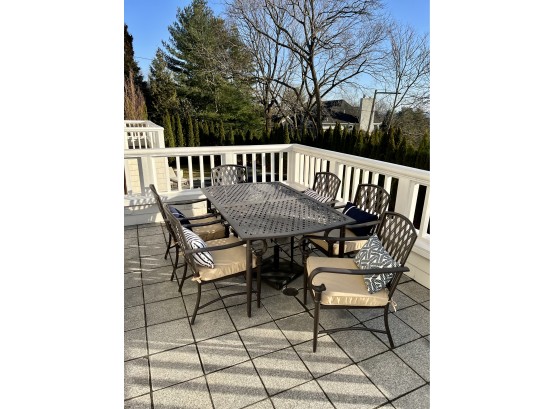 Cast Aluminum Outdoor Dining Table, Six Chairs & Umbrella Base