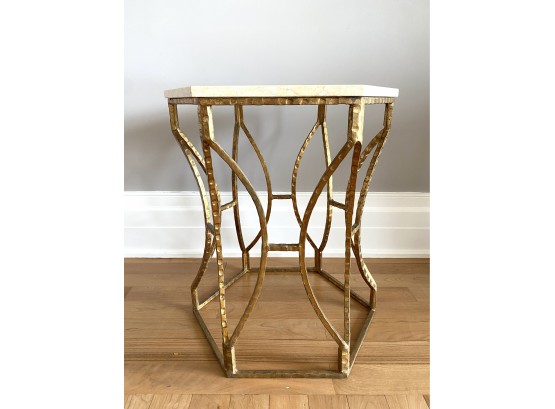 Horchow Stone Top Octoganol Side Table In Brushed Gold Finish