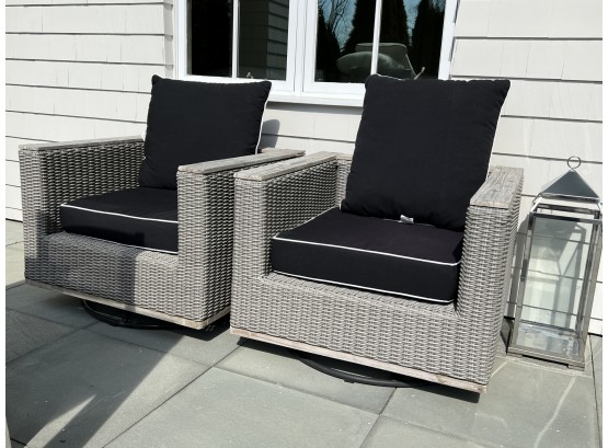 Pair Outdoor Swivel Club Chairs In Wicker
