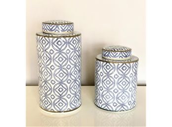Pair Beautiful Lillian August Blue & White Ceramic Ginger Jars