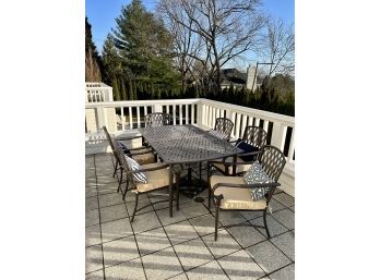 Cast Aluminum Outdoor Dining Table, Six Chairs & Umbrella Base