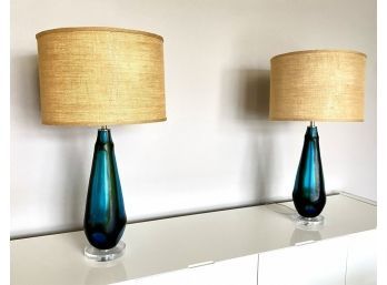 Pair Jamie Young Indigo Blue Glass Lamps On Acrylic Base