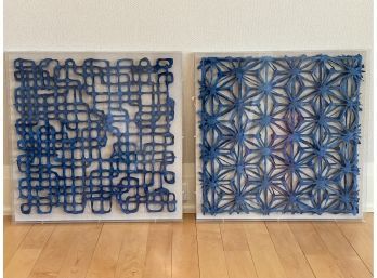 Pair Blue Rice Paper Art Panels In Acrylic Shadow Box Frames
