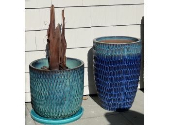 Two Ceramic Planters In Turquoise & Teal