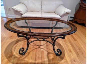 Handsome Coffee Table With Scrolled Wrought Iron Base