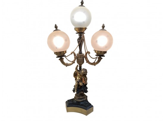 Large Vintage Victorian Brass Cherub Lamp With 3 Orbs
