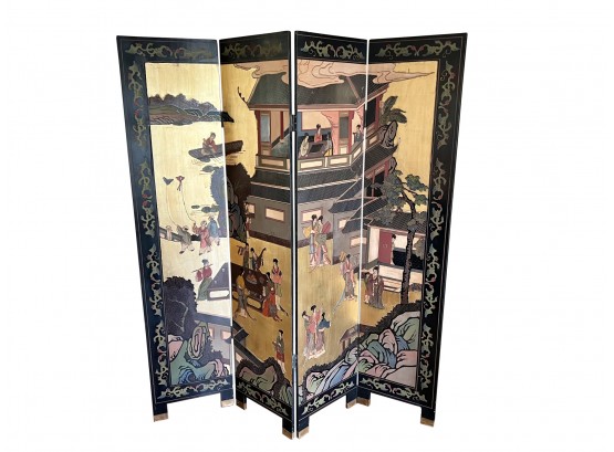 Beautiful Japanese Heavily Decorated 4 Panel Coromandel Screen