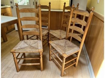 Set Of 4 Vintage Ladder Back Chairs With Rush Seating